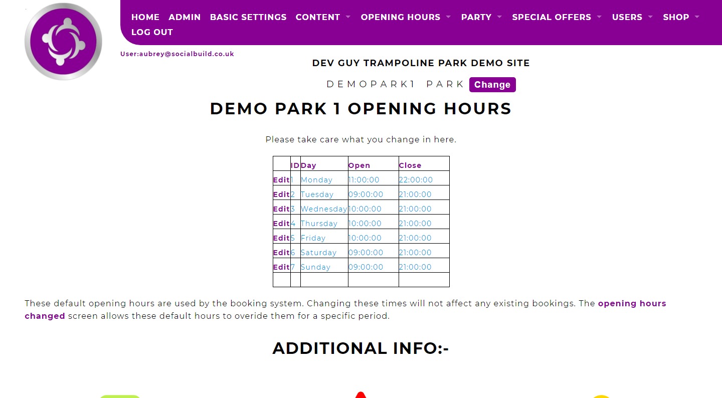 Trampoline Park Admin Opening Times Screenshot