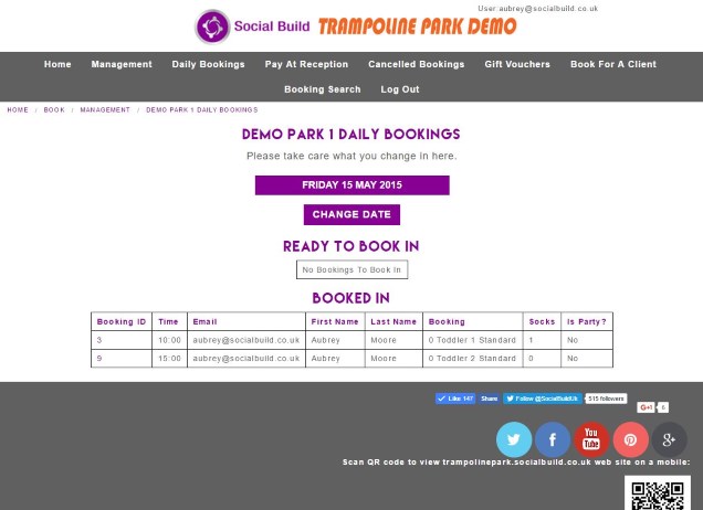 Trampoline Park Management Screen Daily Bookings Screenshot